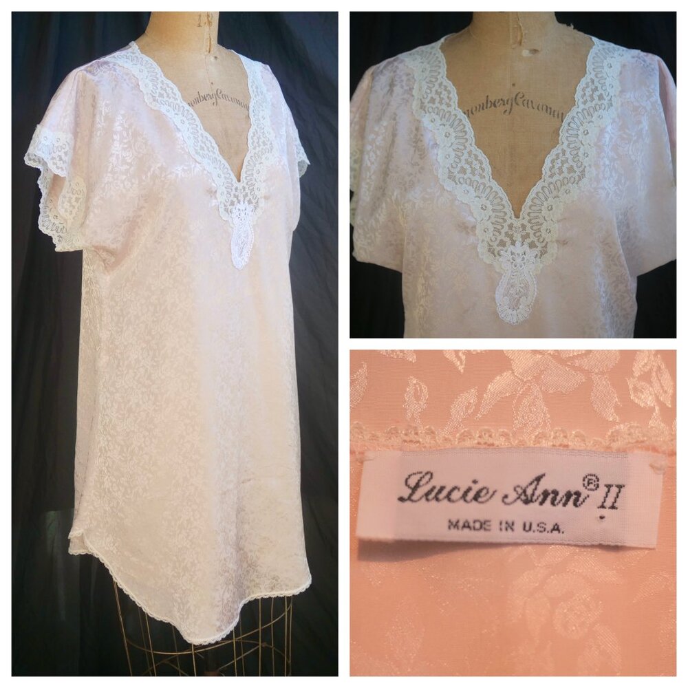 vtg LUCIE ANN II Pink Floral Damask Sheer Short Chemise Nightgown Lace USA S EUC